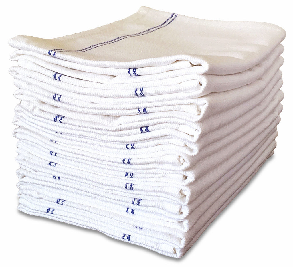 Kitchen Dish Towels - 12 Pieces, 29in x 18in, White with Blue Stripes - VibraWipe